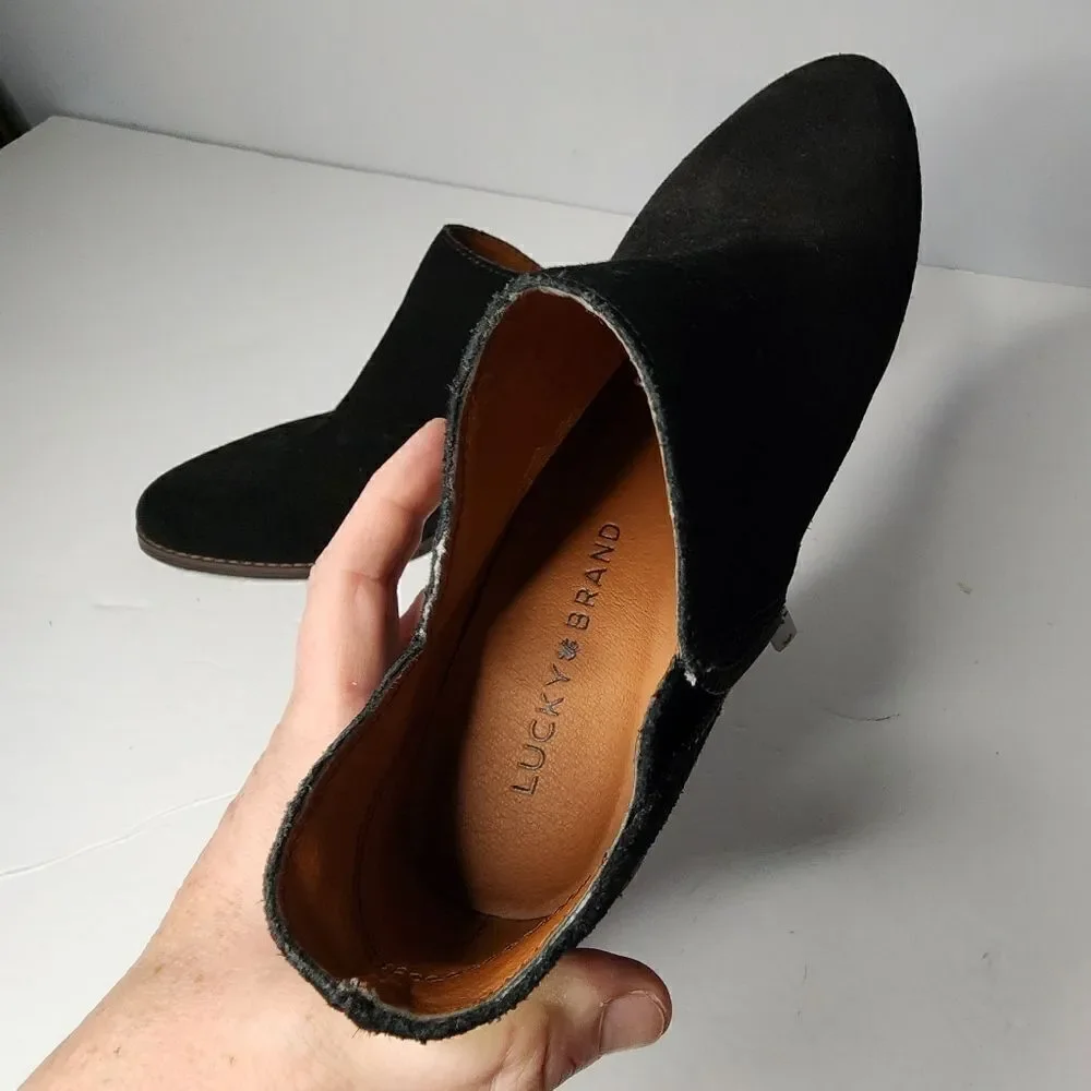 Lucky Brand Women's Fenley Boots Size 6.5 Black Suede Low Block Heel Zip Bootie